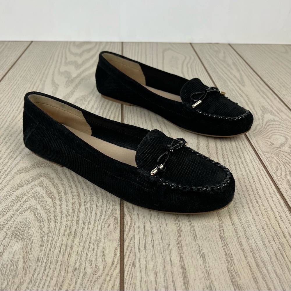 Jack Rogers Millie Bow Moccasin Flats 9B Black Corduroy Suede $128 in box